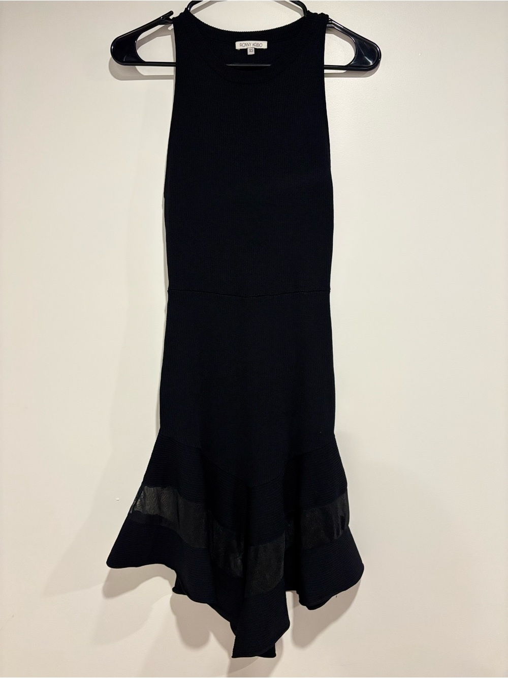 Ronny Kobo Black Ribbed Knit Sleeveless Flounce Hem Cocktail Dress Mesh Panel XS